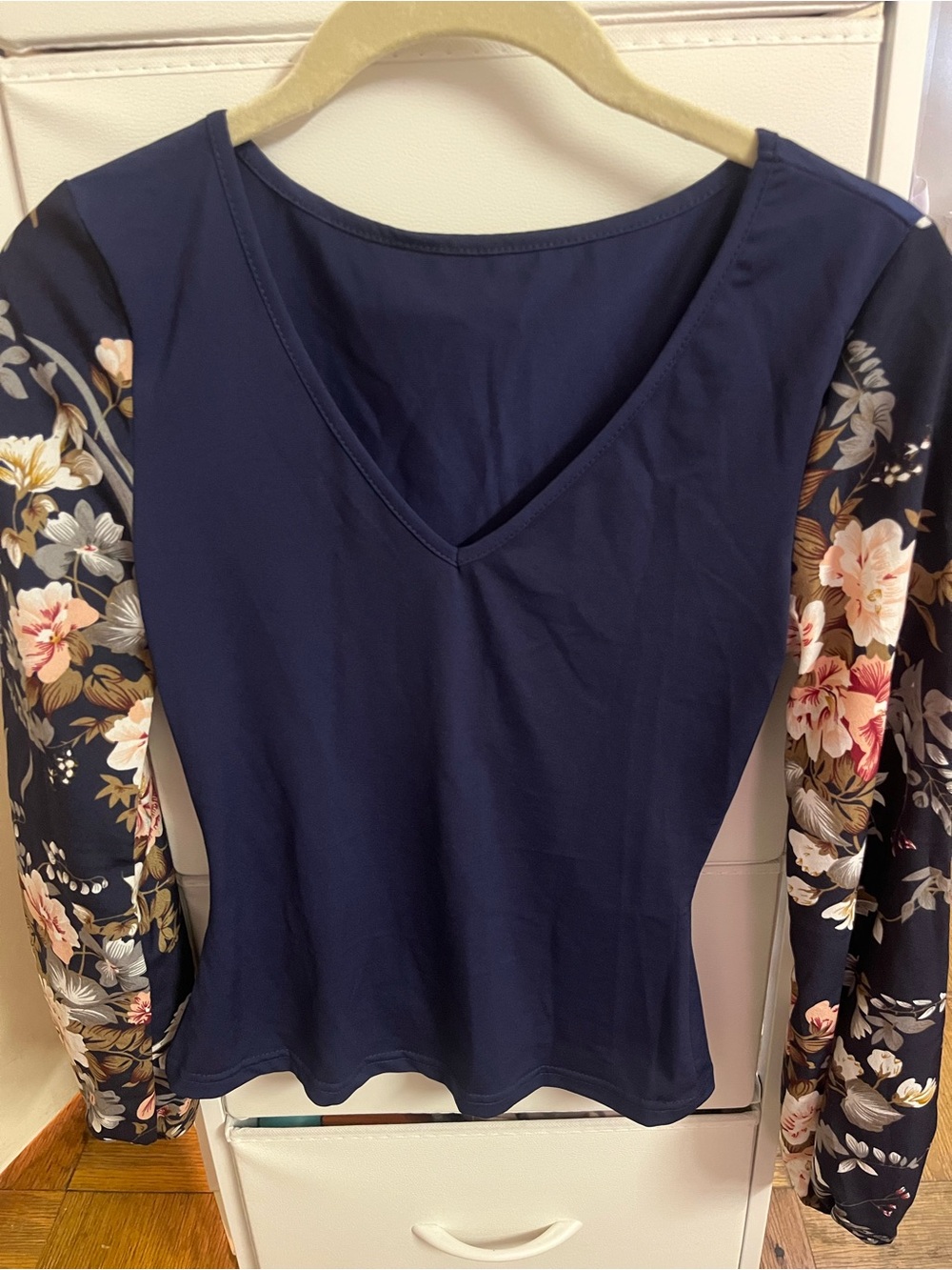Women's Navy V-Neck Top with Floral Long Sleeves